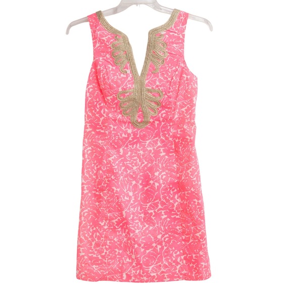 Lilly Pulitzer Dresses & Skirts - Lilly Pulitzer Shift Dress Sz 4 Hot Pink White Gold Summer Tropical Resortwear